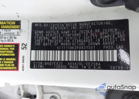 2023 Toyota Camry Se z USA, uszkodzony, nr VIN 4T1T11AK2PU831501